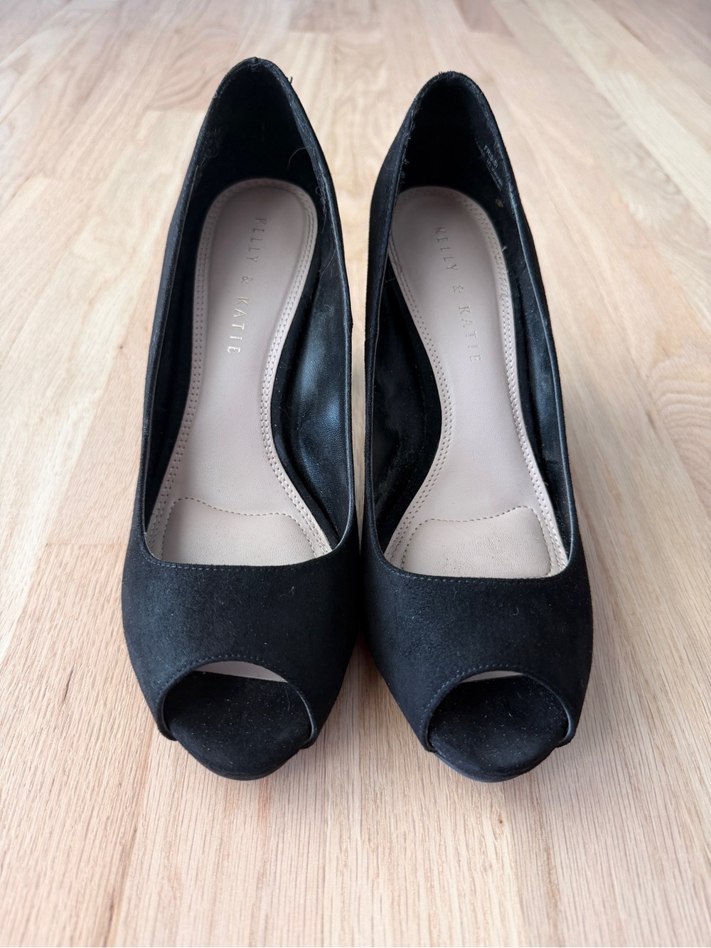 Kelly & Katie Black Peep-Toe Suede Pumps with Nude Insole